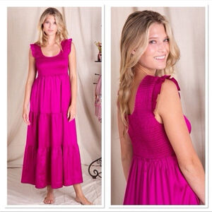 Natural Life Olivia Magenta Smocked Bodice Tiered Satin Midi Dress Large LKNEW!